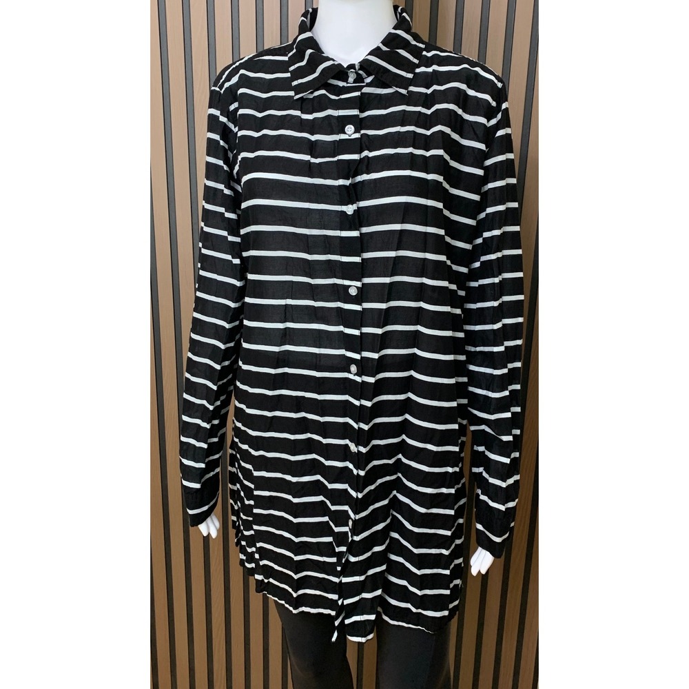 Lauren Ralph Lauren Women's L Black White Striped Cotton Button Down Shirt